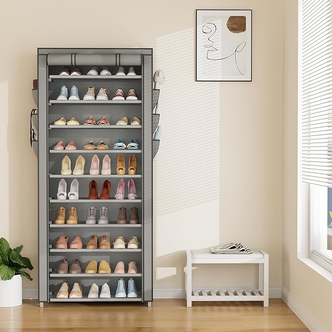 VTRIN Vertical Narrow Shoe Rack Organizer Tall Shoe Rack for Closet Entryway 10 Tier Non-Woven Cover Shoe Shelf Holds 36-41 Pairs Free Standing Shoe Storage Cabinet with Dustproof Cover, Grey-NeatNest