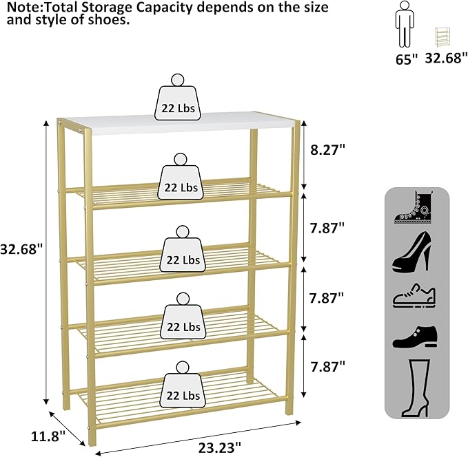 HOMEFORT 5-Tier Shoe Rack, Shoe Storage Shelf, Industrial Shoe Tower, Narrow Shoe Organizer for Closet Entryway, Small Shoe Rack Table with Durable Metal Shelves, Gold-NeatNest