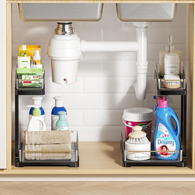 heart & home 2-Pack Under Sink Storage Organizer for Kitchen & Bathroom Cabinets with Removable Washable Tray, Tool-Free Assembly – Multi-Purpose for Vanity, Laundry & Countertop, Black-NeatNest