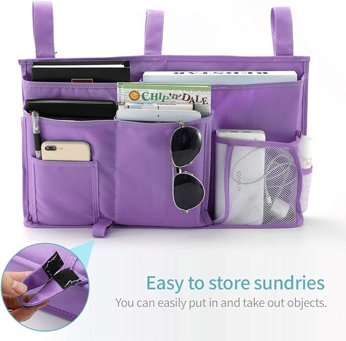 Bseash Bunk Bed Organizer, Bedside Caddy Hanging Bed Organizer Storage Bag 8 Pockets, for College Dorm Rooms Bed, Hospital Bed, Baby Bed Rails, 600D Oxford Cloth (Purple)-NeatNest