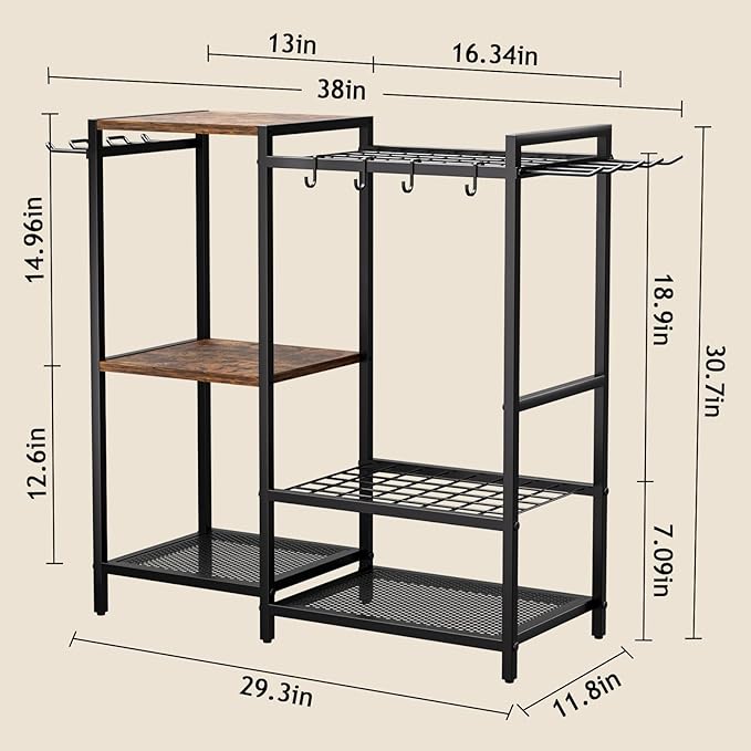 Garden Garage Tool Organizer - with 3-tier Shelves, Yard Tool Organizer for Garage with 4 Hooks, Heavy duty Steel Garden Tool Rack Holds up to 48 Long Handled Yard tools for Storage