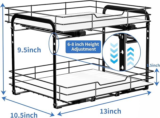 2-Tier Pull Out Spice Rack, Spice Rack Organizer, Pull Out Spice Racks for Inside Cabinets, Height Adjustable Heavy Duty Metal Basket for Inside Cabinet & Pantry (13.5''Wx10.5''Dx9.5''H)-NeatNest