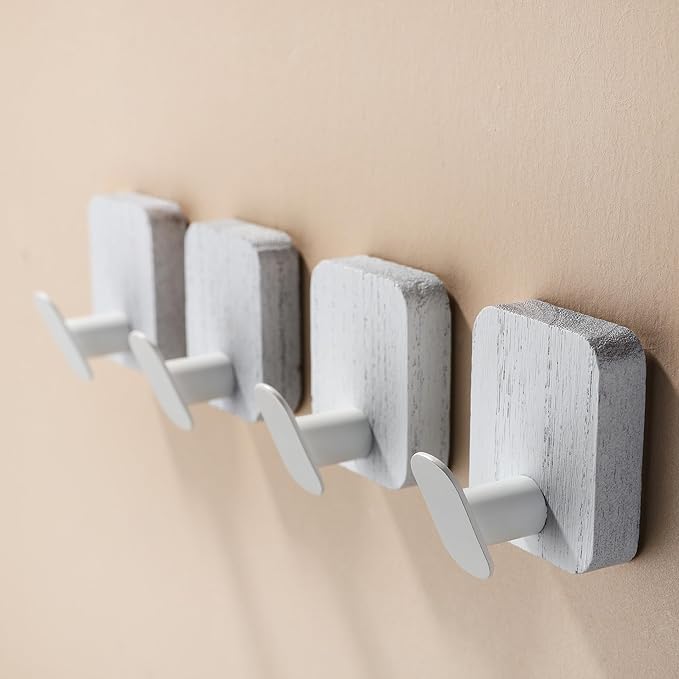 DELITON Wood Wall Hooks, Adhesive Towel Hooks for Hanging Wall Mounted, 4 Packs Coat Robes Hats Command Hook Heavy Duty No Damage, White-NeatNest