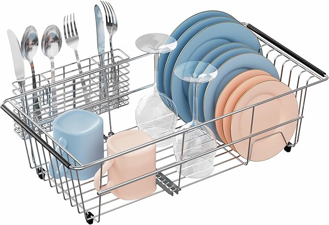 iPEGTOP Capacity Expandable Over Sink Dish Drying Rack, Multifunctional Adjustable (14"-18.5") Rustproof Stainless Steel Dish Drainer Organizer Shelf with Utensil Holder for Kitchen Counter Sink