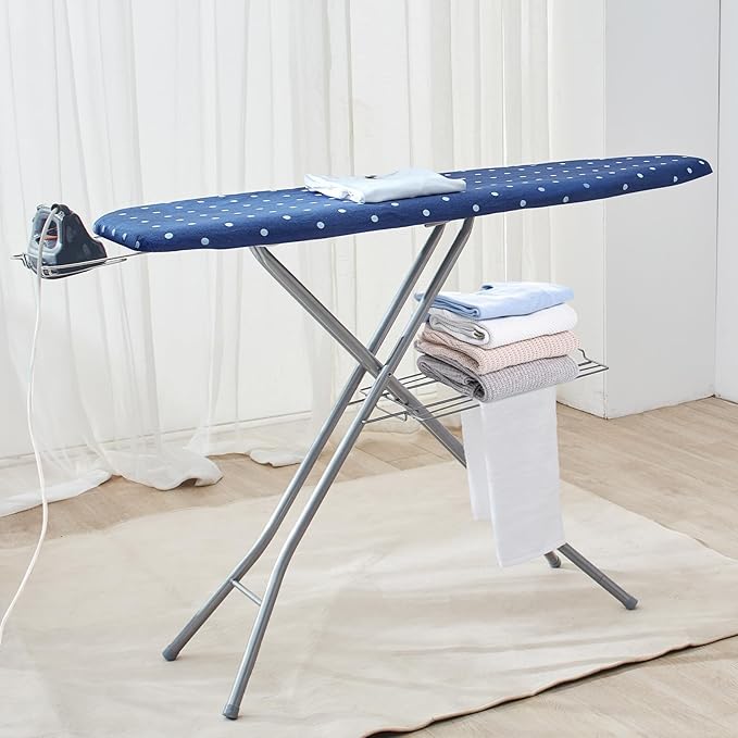 VEVOR Ironing Board with Bottom Storage Tray, Thickened 4 Layers Iron Board with Heat Resistant Cover and 100% Cotton Cover, 10 Adjustable Heights Ironing Board for Home Laundry Room Use (Size 55x15)