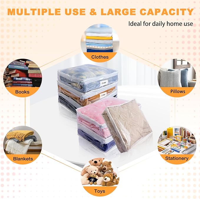 Clear Zippered Storage Bags Plastic Sweater Storage Bags with Zipper 6 Packs Clothing Organizer for Blankets Linen Sweater Bed Sheet Quilt Clothes Pillow (12 x 12 x 4 Inch)-NeatNest