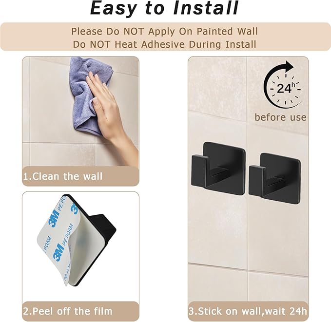 4 Pack Square Self Adhesive Towel Hooks, Matte Black Bath Towel Hook No Drilling Bathroom Towel Hook Aluminum Heavy Duty Wall Hooks for Bathroom Bedroom Kitchen (2 Inch,Matte Black)