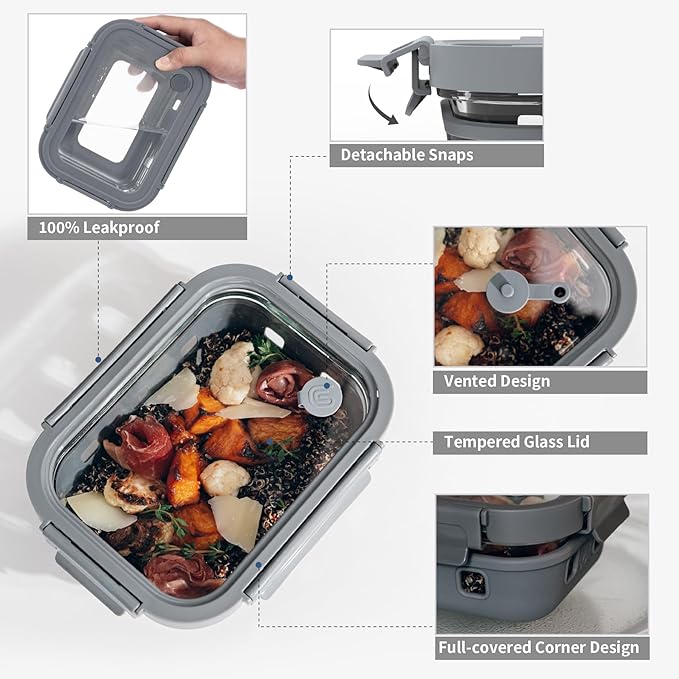 2.7 CUP Glass Food Storage Containers with Glass Lids,5 Pack-Aitight Meal Prep Container Set with Silicone Sleeve, BPA-Free, Dishwasher, Microwave, and Freezer Safe