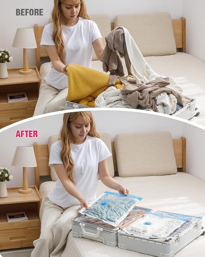 Travel Vacuum Storage Bags with Hand Pump, 8 Pack (4S+4XS) Vacuum Seal Bag Travel Essentials Space Saving Bags for Clothes, Luggage, Carry-on Suitcase, Backpack, Holiday Business Trip-NeatNest