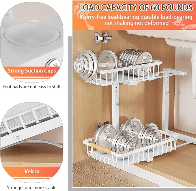 2 Tiers Under Sink Organizers, 2 Pack Metal Kitchen Storage Shelf, Pull Out Sink Storage Rack, Multi-purpose Under Sink Shelf Organizer for Under Sink Cabinet Bathroom Kitchen (White)-NeatNest