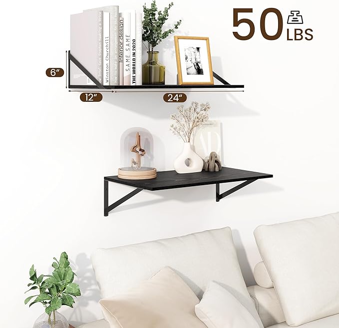 Fun Memories Floating Shelves for Wall, 12 Inch Deep Floating Shelves Set of 2, 24W x 12D Large Wall Shelf with Sturdy Metal Brackets for Living Room, Bathroom, Bedroom and Kitchen, Black-NeatNest