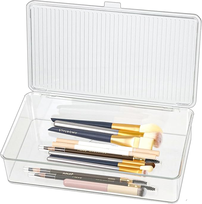 Clear Plastic Storage Bin with Lid, Organizer for Pantry, Office, Bathroom, Kitchen, Snack, Tea Bag, Coffee Container (Small)-NeatNest