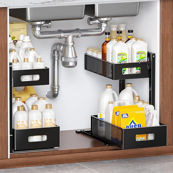 2 Pack Under Sink Organizer, Adjustable Height Under Sink Organizers and Storage, Smooth & Silent Sliding Out Metal Drawer for Kitchen Bathroom Pantry Cabinet Closet (Black)-NeatNest