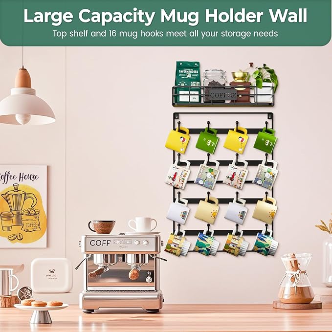 EsLuker.ly Wall Mounted Mug Hanger Rack With Hooks, Coffee Cup Holder Display, Shelf for Kitchen Coffee Bar Organizer, Space-Saving Hanging Storage for 16 Cups, Black-NeatNest