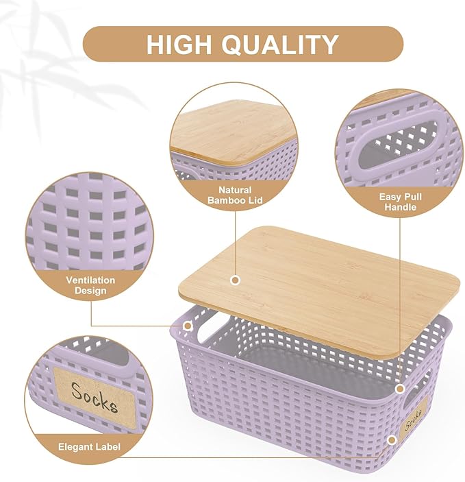 6-Pack Small 5 Qt Stackable Storage Bins with Bamboo Lids - Decorative Cute Plastic Baskets Boxes Containers with Labels for Organizing Shelves, Classroom, Closet, Desktop, Office - Purple-NeatNest