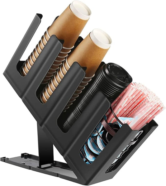 Coffee Cup and Lid Holder Organizer,Adjustable Dispenser with Coffee Pod and Straw Storage Basket, Disposable Cup Holder for Countertop-NeatNest