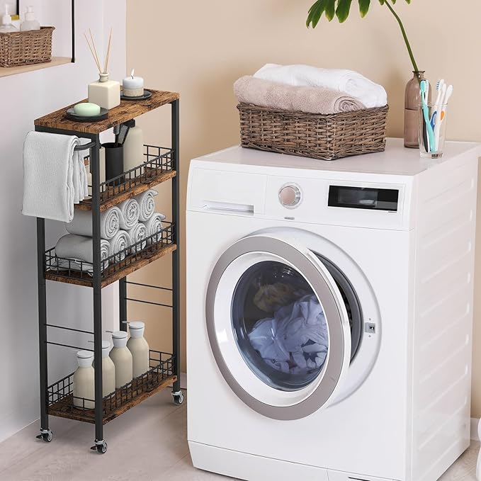 Slim Storage Cart Rolling Kitchen Cart with Wheels Narrow Laundry Storage Utility Cart 4 Tier Bathroom Mobile Shelving Unit Organizer with Wood Tabletop Trolly Cart with Handle for Small Spaces, Brown-NeatNest