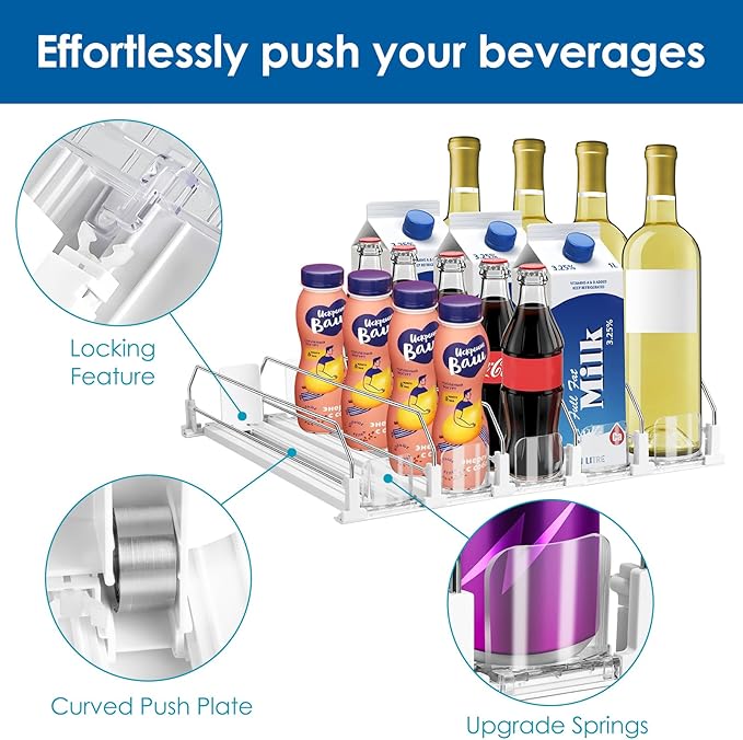 Drink Organizer for Fridge, Adjustable Width Soda Can Dispenser for Refrigerator Organizers and Storage, 5 Rows Beer Bottle Beverage Holder with Pusher Glide (16.54" L, White)