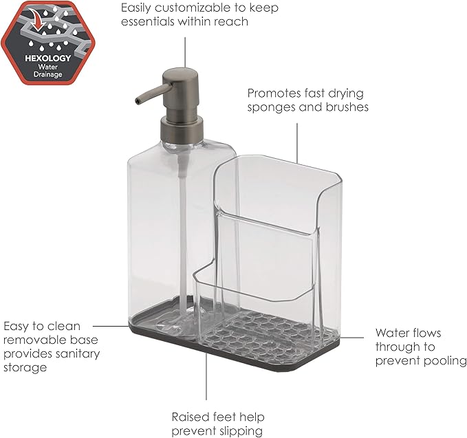 Spectrum HEXA Sponge & Brush Organizer With Soap Pump, Kitchen Sink Organizer With Refillable Soap Pump, Sponge & Dish Brush Holder Easy-Clean Sink Organization & Dish Brush Holder with Removable Base