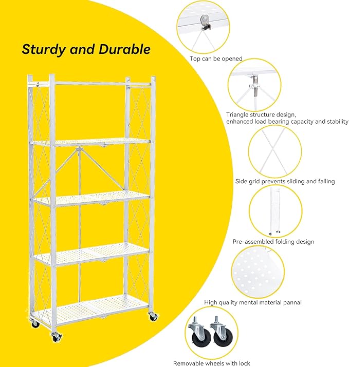 BRIAN & DANY 5-Tier Foldable Storage Shelves with Wheels, Folding Metal Rack Shelving Unit, Heavy Duty No Assembly Organizer Shelf for Garage, Kitchen, Basement, Pantry, White-NeatNest