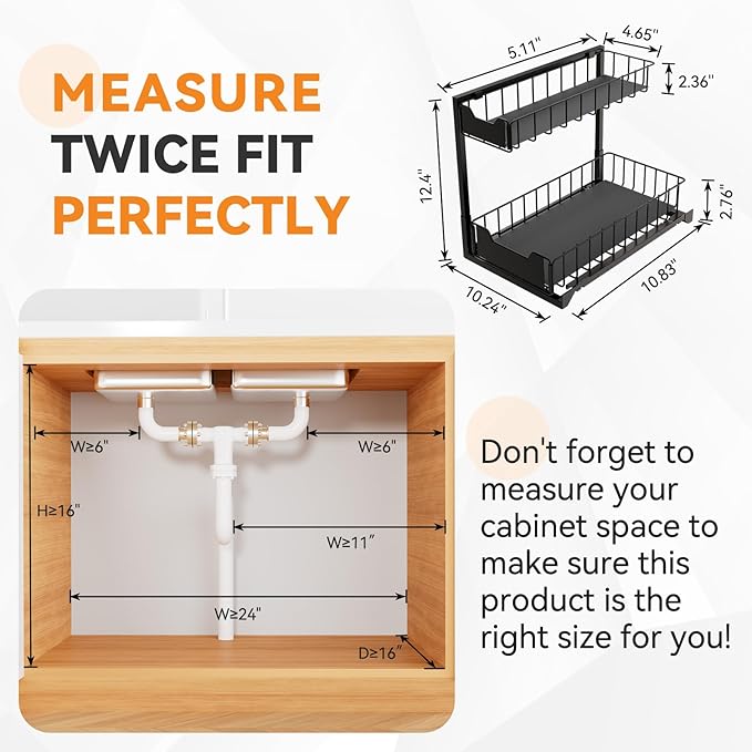 2 Pack Metal Under Sink Organizer, Pull Out Cabinet Organizer Rack with Silk-Smooth Bottom Drawer, Easy to Install, Multi-Purpose Storage Shelf for Bathroom, Kitchen, Vanity, Pantry-NeatNest