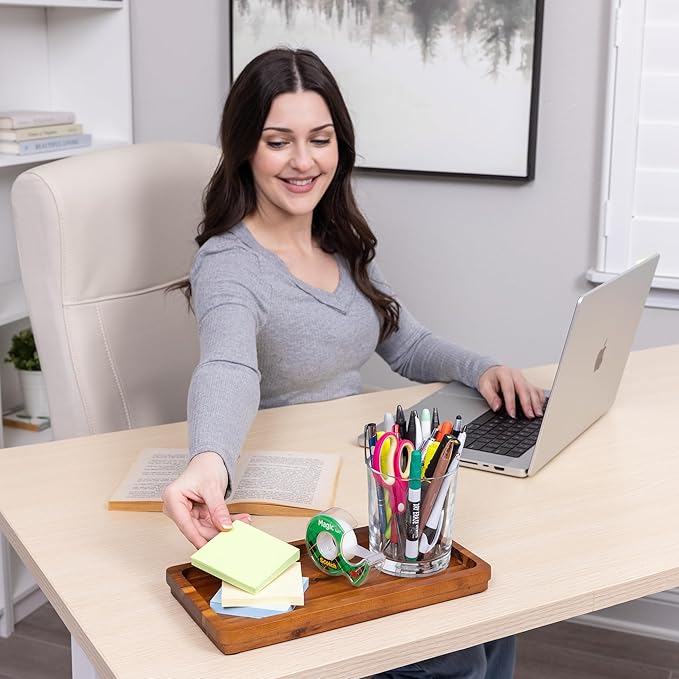Demigo Acacia Wood Valet Tray & Catchall (11.9x6x1 inch) - Wooden Desk Organizer for Office Supplies, Keys, Wallet & Mail - Entryway & Nightstand Decor-NeatNest