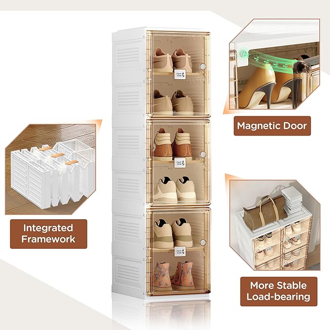 ANTBOX Shoe Organizer Storage Box, Portable Folding Shoe Rack for Closet with Magnetic Clear Door,Large Sneaker Cabinet Bins Sturdy Easy Assembly 6 Layers-6 Grids-NeatNest