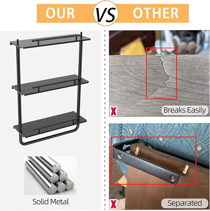 Floating Shelves, 3 Tier Wall Mounted Metal Floating Shelves Black with Frame and Towel Rack for Bathroom, Living Room, Bedroom, Kitchen