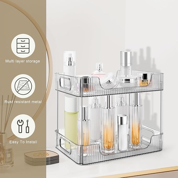 2-Tier Bathroom Counter Organizer Countertop Storage, Dresser Organizer Vanity Tray for Makeup, Perfume Organizer Cosmetics Skincare Shelf- Grey-NeatNest