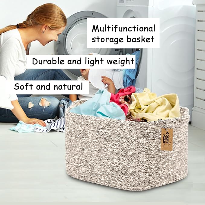 COMFY-HOMI Storage Basket for Shelves, Woven Baskets for Storage, Cotton Rope Basket for Toys,Towel Baskets, Toy Storage Organizer, Storage Cube Bin, Organization and Storage-All Brown-NeatNest