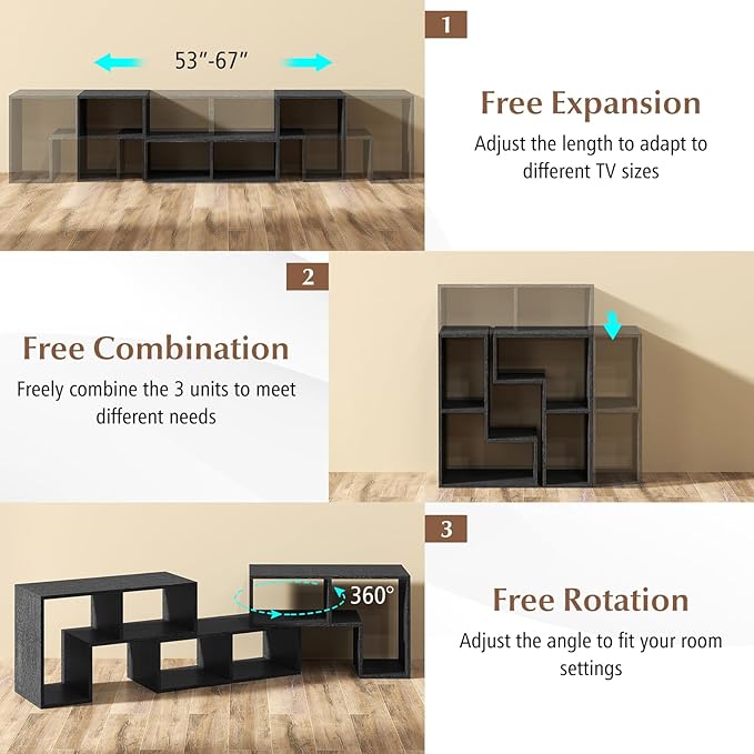 Giantex Free-Combination TV Stand for Bedroom - Entertainment Center for 50 55 60 65 Inch TV, 3-Piece Media Console Table with Storage Cubes, Deformable Open Storage Bookcase Shelf (Black Wood Grain)-NeatNest