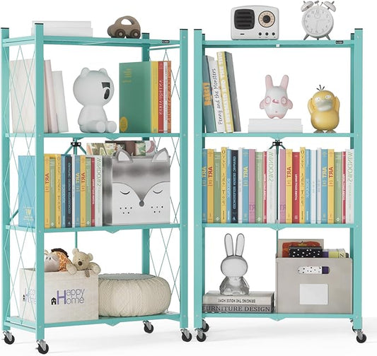 ALANNG 2-Pack Folding Bookshelf on Wheels, Cute Rolling Shelves for Bedroom, Colorful Storage Cart for Kids Rooms, Nursery, No Assembly Metal Book Shelf (4 Tier, Mint Green)
