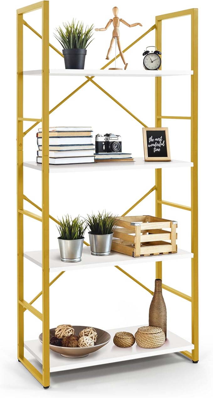 CAPHAUS 4 Tier Bookshelf, Bookcase Shelf Storage Organizer, Living Room, Kitchen, 24 Inch Width Free Standing Shelf, Industrial Book Shelves for Home Office, White Wooden Shelves & Gold Frame-NeatNest