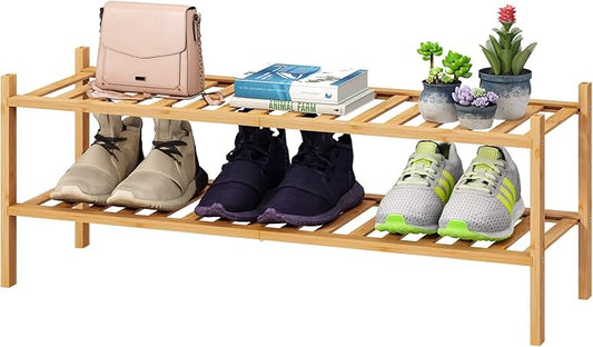 2-Tier Long Shoe Rack for Entryway, Black Bamboo Wood Shoe Rack for Closet & Hallway, Long 33IN | Beautiful | Functional | Sturdy | Durable-NeatNest
