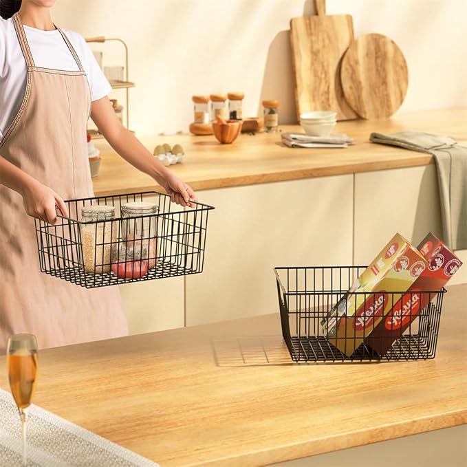 SANNO Large Freezer Baskets Metal Storage Organizer Bin Basket Wire Storage Basket for Kitchen Pantry Bathroom Large Metal Farmhouse Food Fruit Produce Organizer Bins,black,3