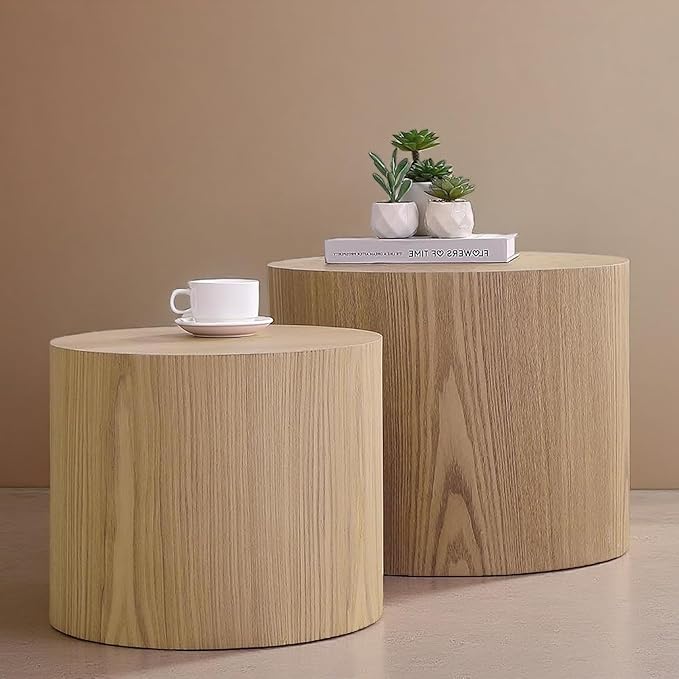 2-Piece Round Nesting Coffee Table, Circle End Table Wood Accent Table, Minimalist Side Table Set for Small Spaces, Living Room, Apartment(Oak)