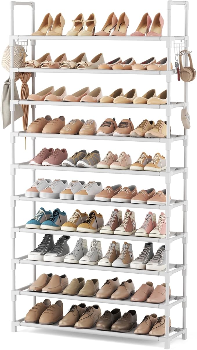 VTRIN 10 Tiers Shoe Rack Tall Large Capacity 50 Pairs Wide Shoe Organizer Sturdy Shoe Shelf for Entryway with Two Hooks Metal Shoe Storage for Closet, Bedroom, White, XJ-113-NeatNest