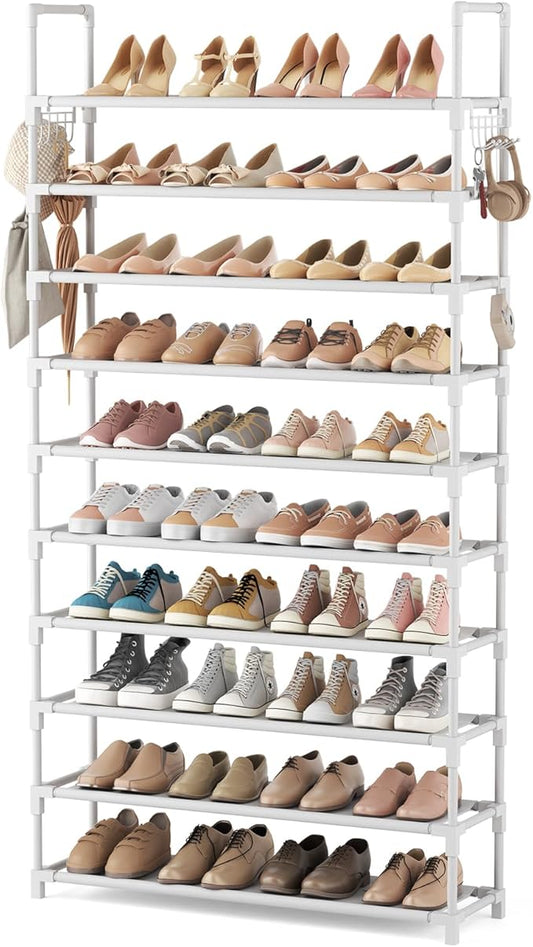 VTRIN 10 Tiers Shoe Rack Tall Large Capacity 50 Pairs Wide Shoe Organizer Sturdy Shoe Shelf for Entryway with Two Hooks Metal Shoe Storage for Closet, Bedroom, White, XJ-113-NeatNest