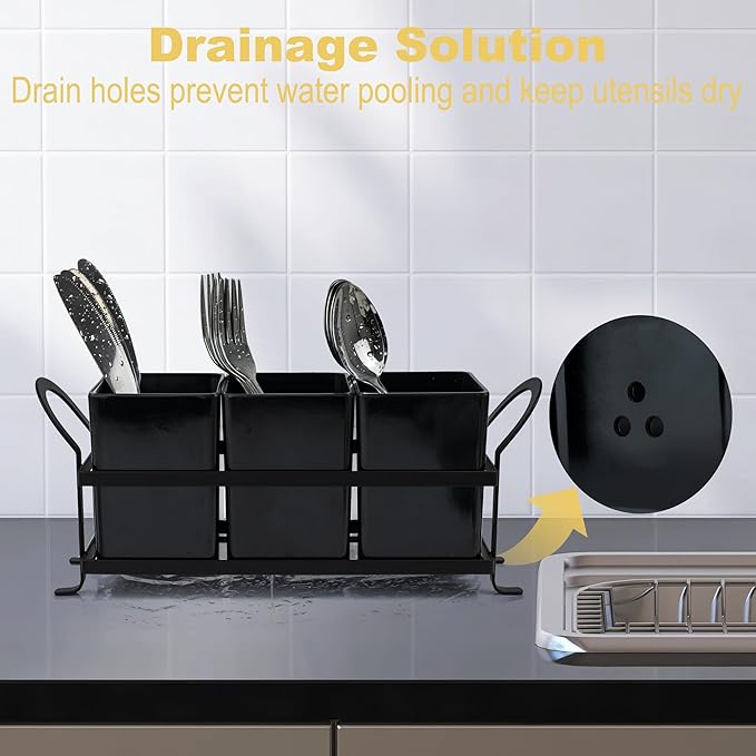 Cutlery Holder with Drain Holes, Dishwasher Safe Silverware Caddy for Party, Kitchen Counter, 3pcs Bins Set Countertop Utensil Holder for Spoons, Forks and Knives, Black-NeatNest
