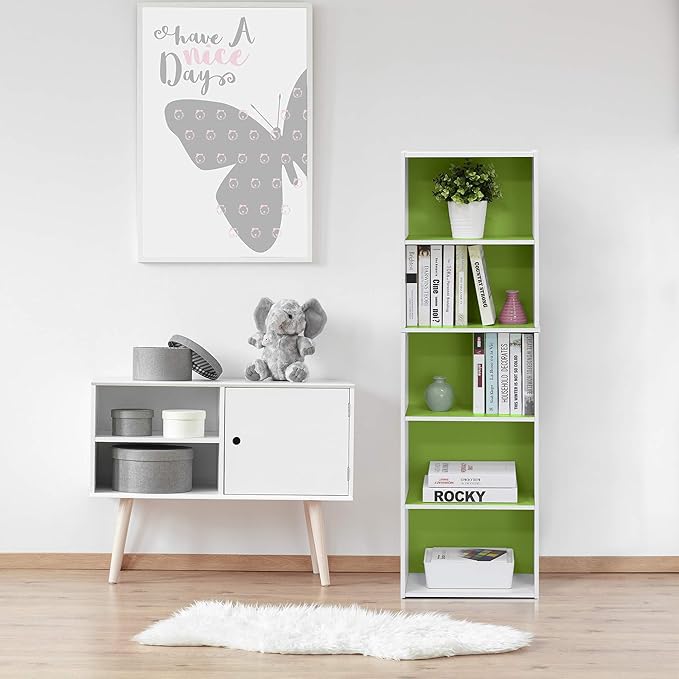 Furinno Luder Bookcase / Book / Storage , 5-Tier, White/Green-NeatNest