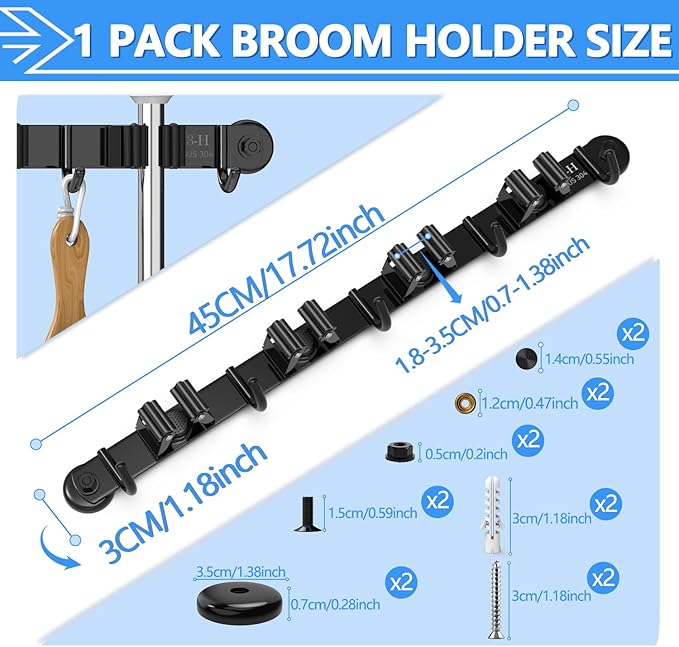 3-H Magnetic Broom Holder Wall Mounted 1 Pack, Strong Magnetic Broom Hooks 17 Inch, Heavy Duty Magnet Broom Organizer Wall Mounted, Utility Storage Tools Rack for Refrigerators Kitchen,Black
