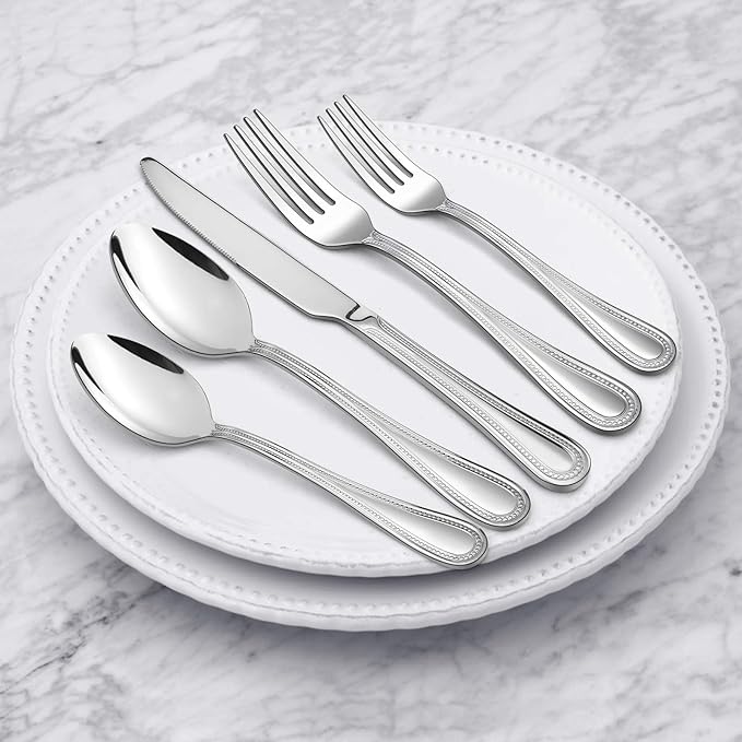 20-Piece Silverware Set, HaWare Stainless Steel Flatware Service for 4, Pearled Edge Tableware Cutlery Include Knife/Fork/Spoon, Beading Eating Utensil for Home, Mirror Polished, Dishwasher Safe