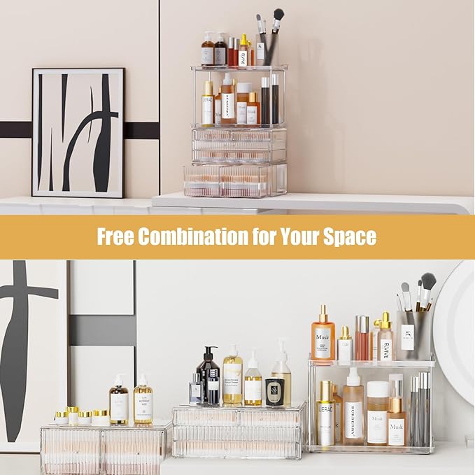 2-Tier 5-Drawer Bathroom Countertop Organizer : Multi-Purpose Makeup Organizer Countertop - Large Skincare Holder Exquisite Vanity Tray - Perfume & Skincare Storage Amber Clear-NeatNest