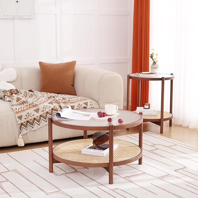 Tiita Rattan Nightstand Side Table, Bamboo Accent Bedside Tables, Glass Coffee Tables, Boho Wooden End Table with Storage for Small Space, Living Room and Bedroom