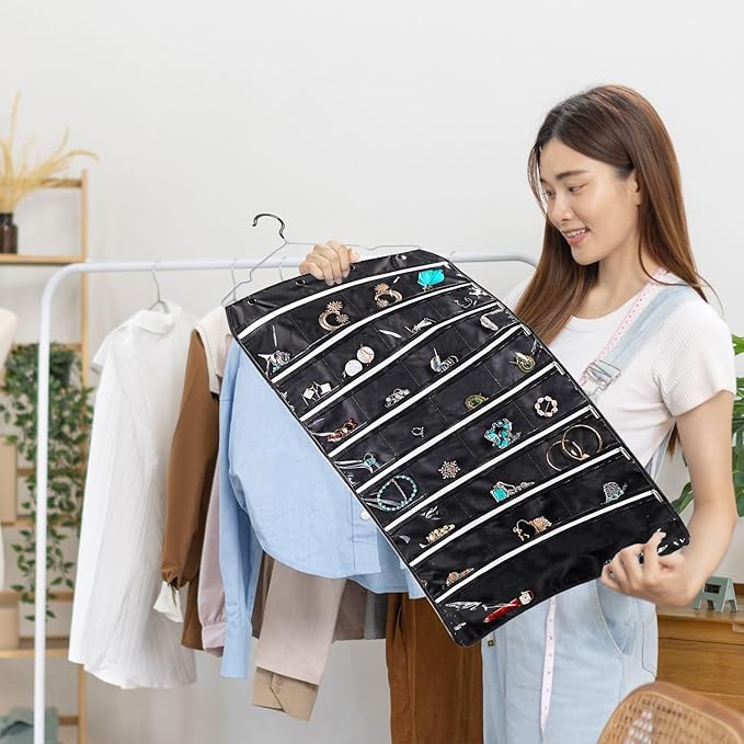 Flexzion Hanging Jewelry Organizer with Zippered Pockets - (1 Pack) Black Closet Jewelry Organizer Storage with Hanger, 56 Pockets Dual Sided Earring Organizer Hanging for Bracelets, Watches, Ring-NeatNest