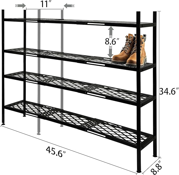 Shoe Rack, 4-Tier Long Shoe Rack, Stackable Shoe Storage Organizer Expandable Shoe Shelf Stand, Holds up to 25-30 Pairs of Shoes for Entryway, Garage, Front Door Entrance, Metal,45.6in Black-NeatNest