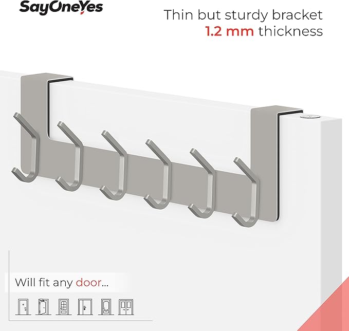 Brushed Nickel Over The Door Hooks, Heavy Duty Stainless Steel Door Hanger with 6 Double Hooks for Hanging Towels, Coats, Robes, Hats, Bags, No Drill Over Door Towel Rack for Bathroom, Bedroom, 2 Pack-NeatNest