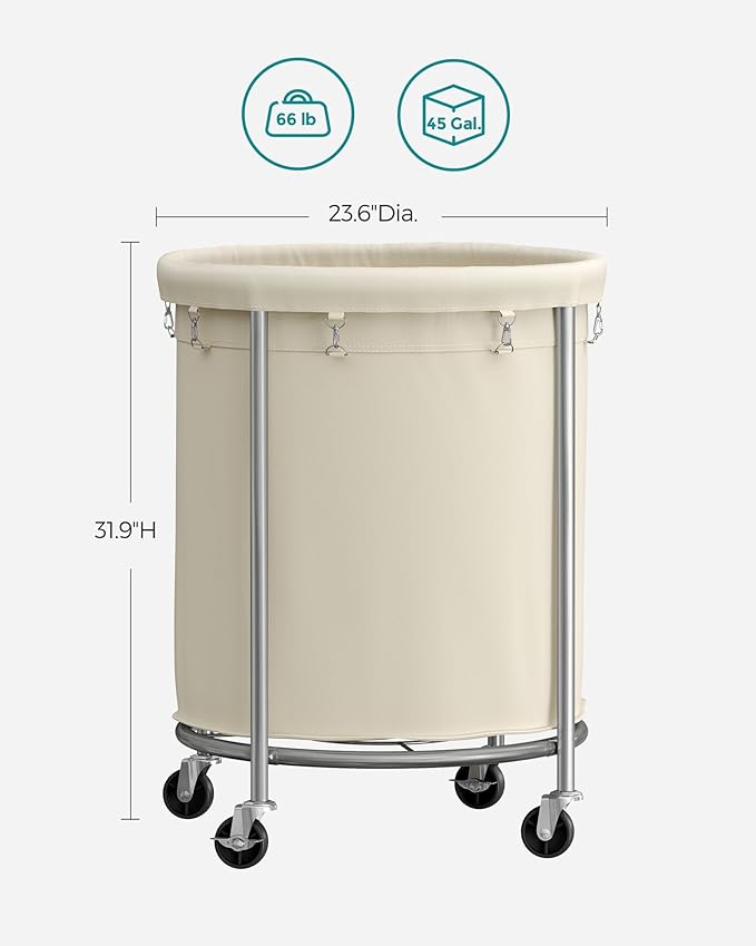SONGMICS Laundry Basket with Wheels, Rolling Laundry Hamper, 45 Gal., Round Laundry Cart with Steel Frame and Removable Bag, 4 Casters and 2 Brakes, Cream and Silver URLS01MZ