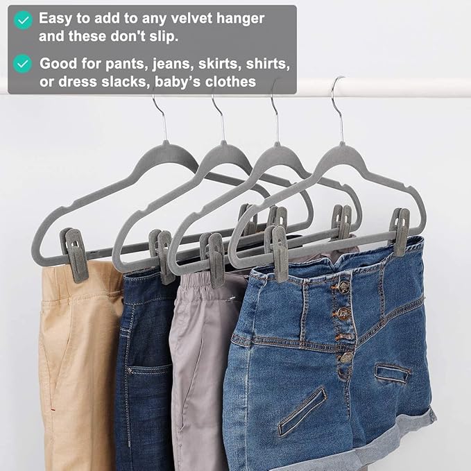 Grey Hanger Clips for Velvet Hangers - 40 PCS Gray Nonslip Velvet Hanger Clips, Skirt Hanger Flocking Clips Fit for Slim Velvet Hangers-NeatNest