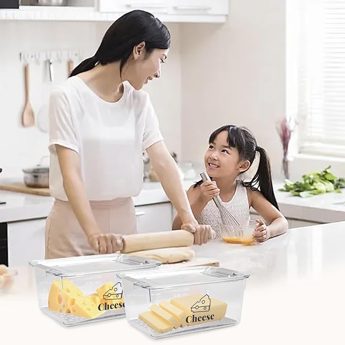 3 Pack Cheese Container Airtight with Draining Basket Cream Block Cheese Sliced Cheeses Box with Lid Saver for Fridge Deli Meat Storage Box,Cheeses Sliced,Grated,Cheddar Keeper